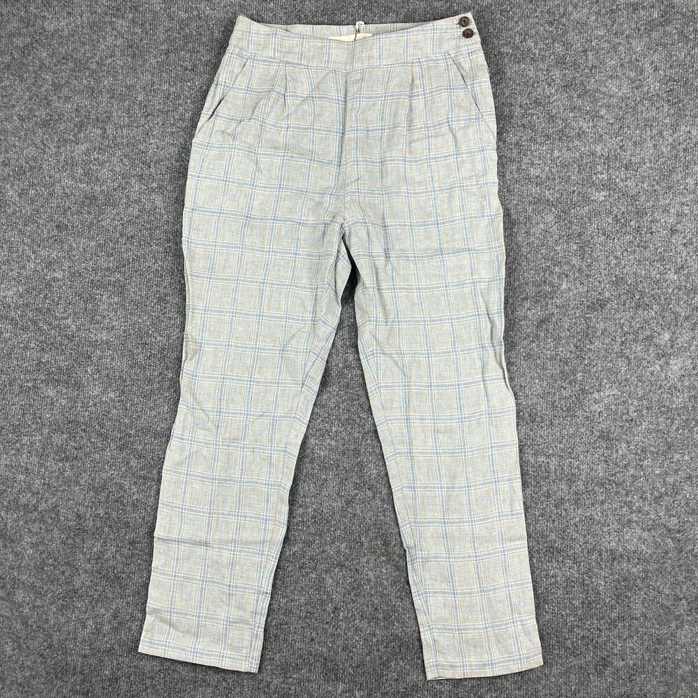 Creatures‎ of Comfort Pants Womens 2 Blue Beige Plaid 100% Linen High Waist